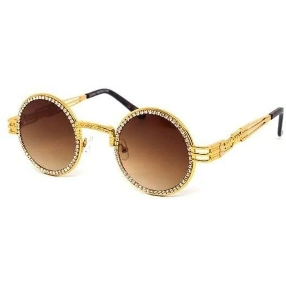 Rhinestone Sunglasses Round Gold Frame Brown Lens Men's Fashion Retro Luxury New